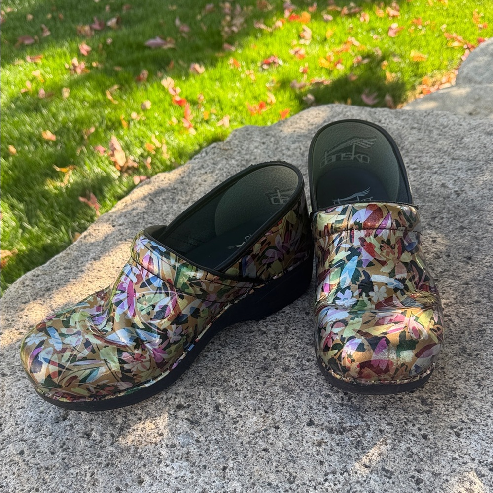 Dansko Multicolor Floral Patent Clogs with Black Sole